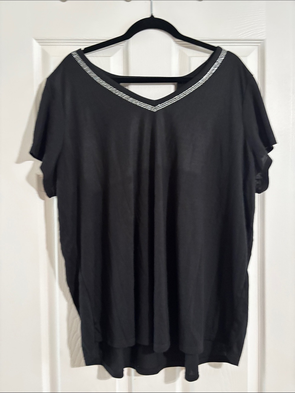 Avenue Black V-Neck Short Sleeve Top with Silver Accent